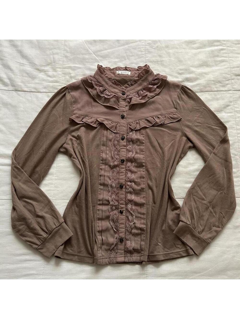 Axes Femme Mauve Pink Ruffle Neckline Rosette Lace Button Down Top Medium